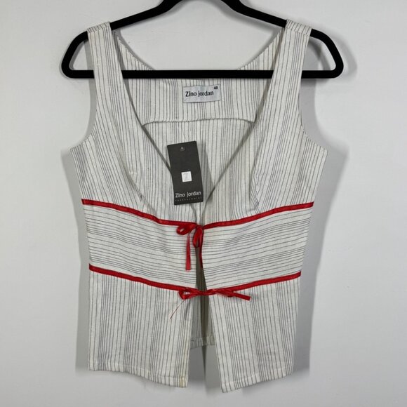 Zino Jordan White Pinstripe Linen Vest Red Tie Detail Size 48 EU Chic Top - Picture 2 of 10
